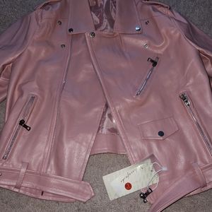 Pink faux leather moto jacket